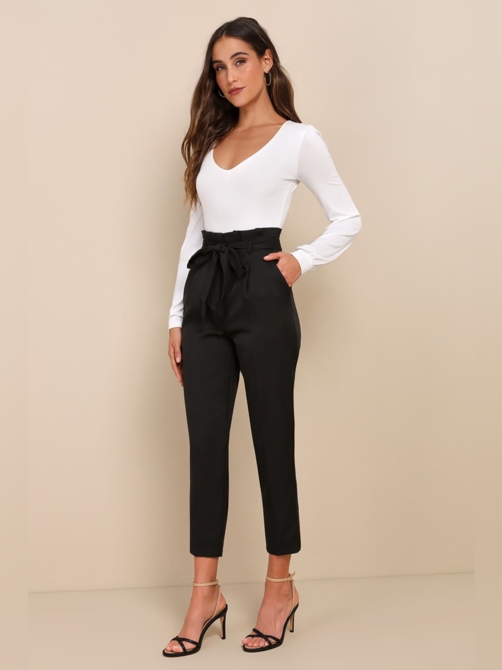 Lulu's Black High-Waist Paperbag Tie Ankle Pants